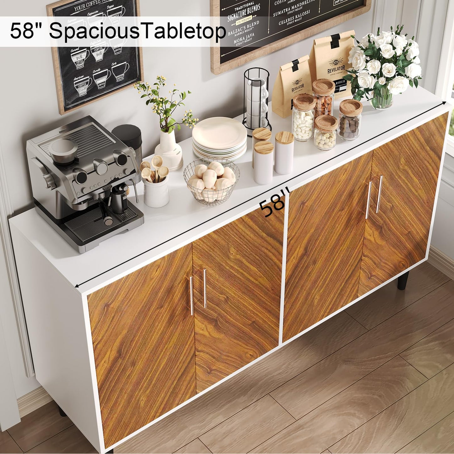 58" Coffee Bar Cabinet with Storage, Buffet Cabinet with 4 Large Doors, Storage Cabinet