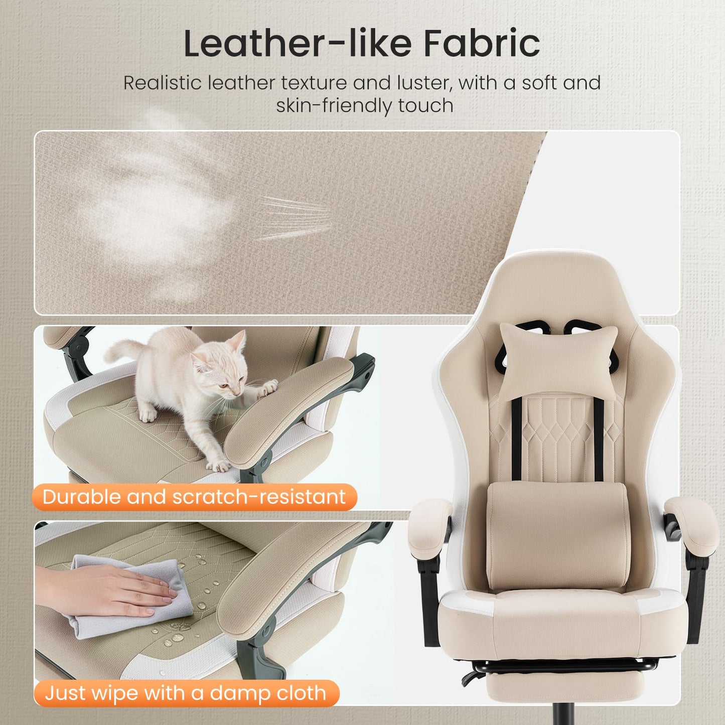 White Pink Gaming Chair with Footrest & Headrest, PU Leather Reclining Office Chair