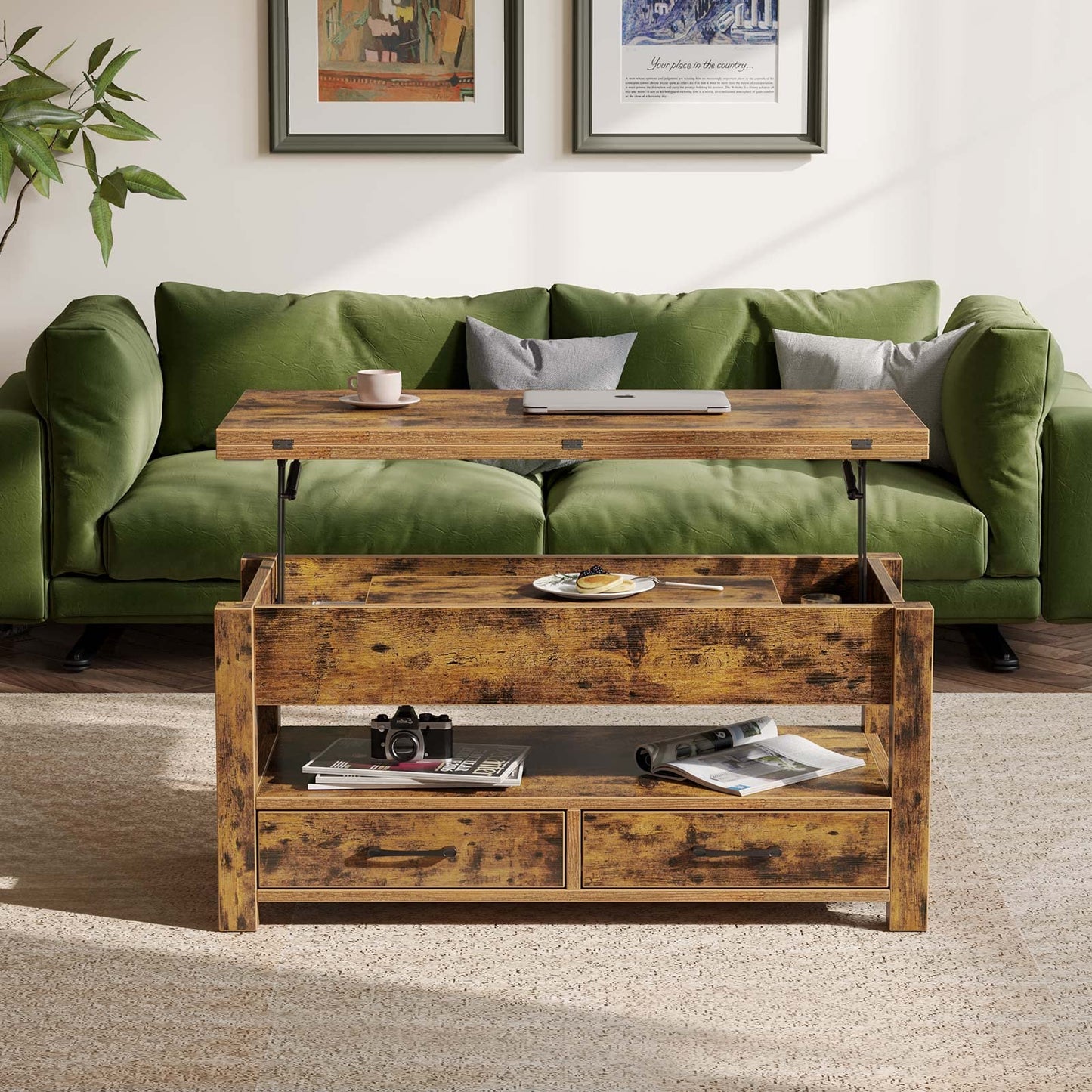 Lift Top Coffee Table – Convertible Espresso Table with Drawers & Hidden Storage,
