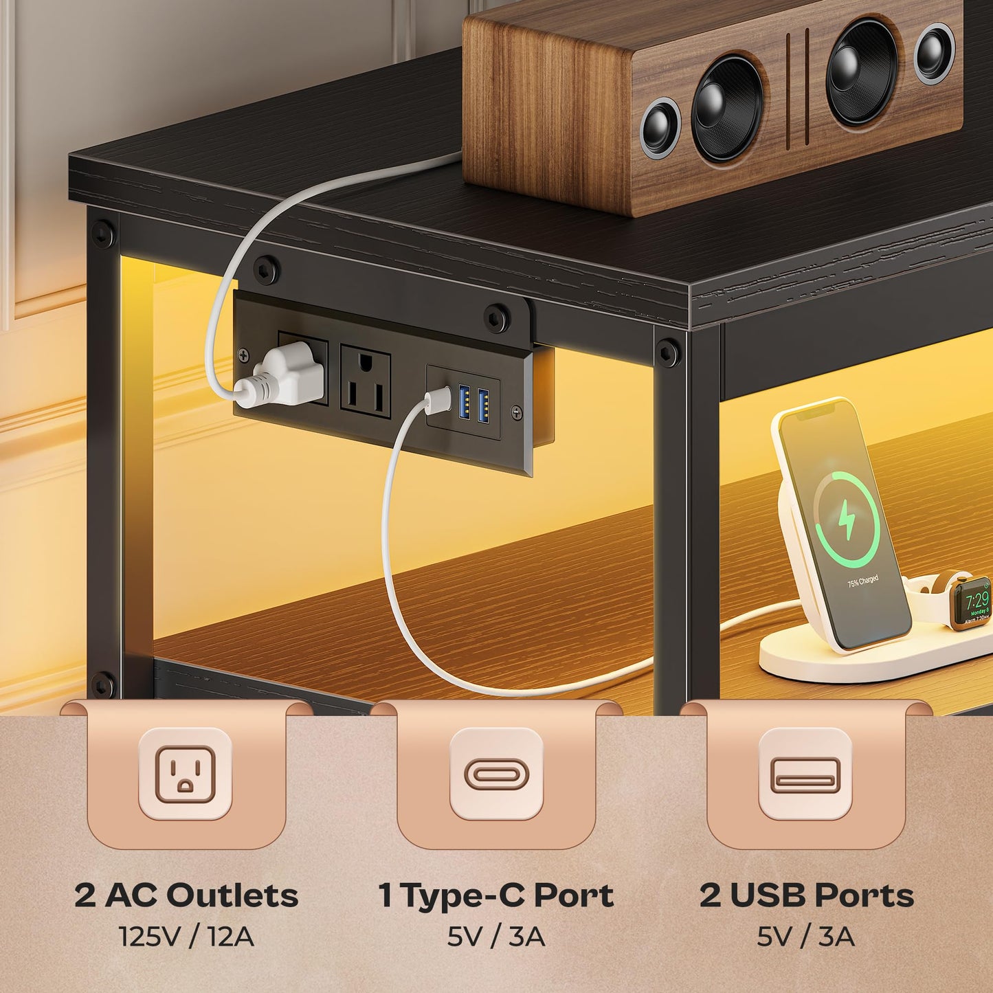 63" Black LED TV Stand with Power Outlets – Long Dresser Entertainment Center