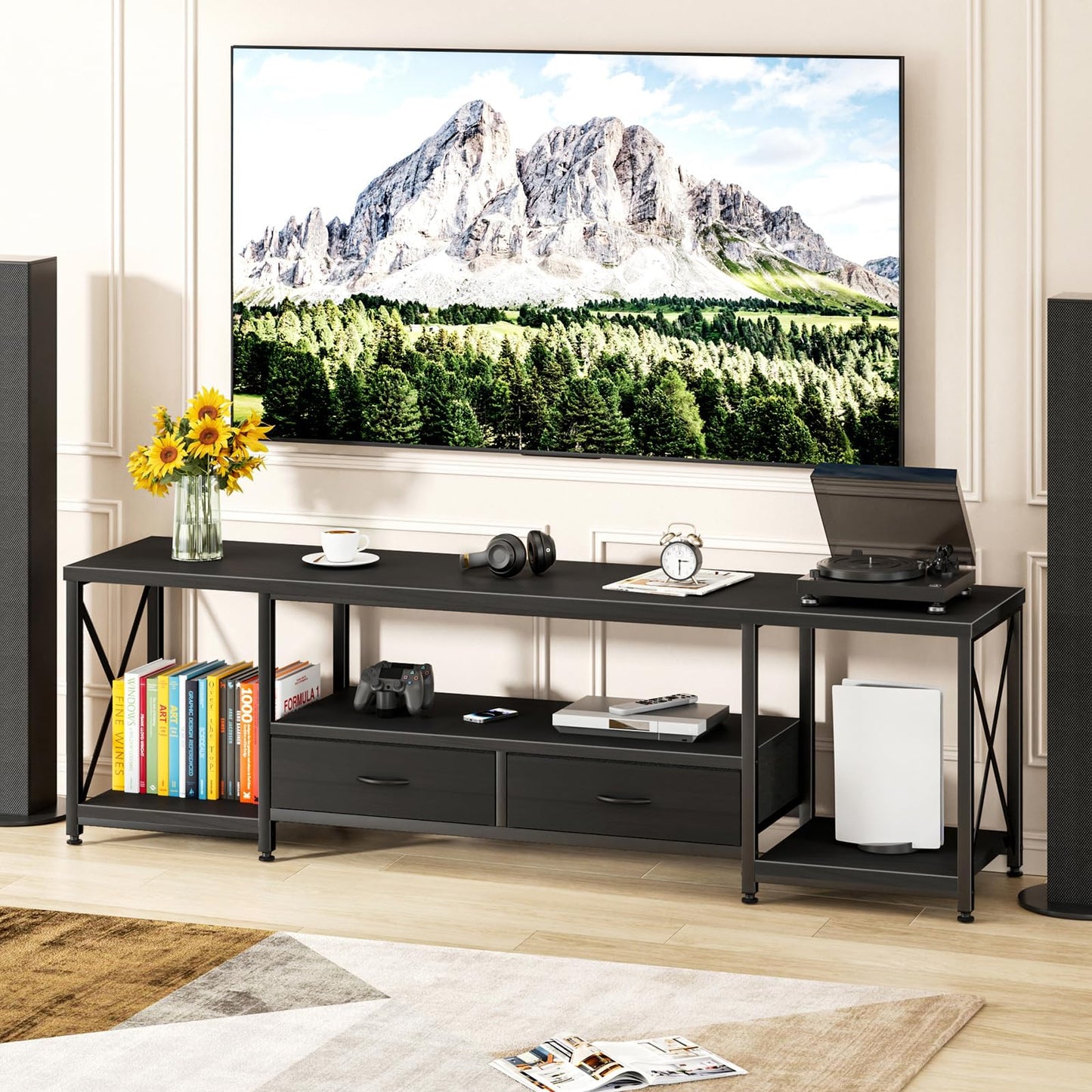 63" Rustic Brown TV Stand for 65–75 Inch TVs – Industrial Entertainment Center with Fabric Drawers