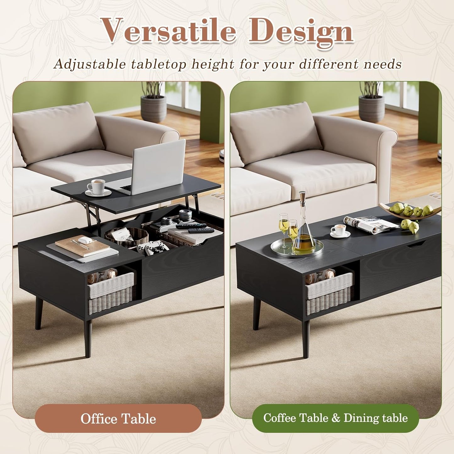 Wood Lift Top Coffee Table with Hidden Compartment and Large Storage Shelf,