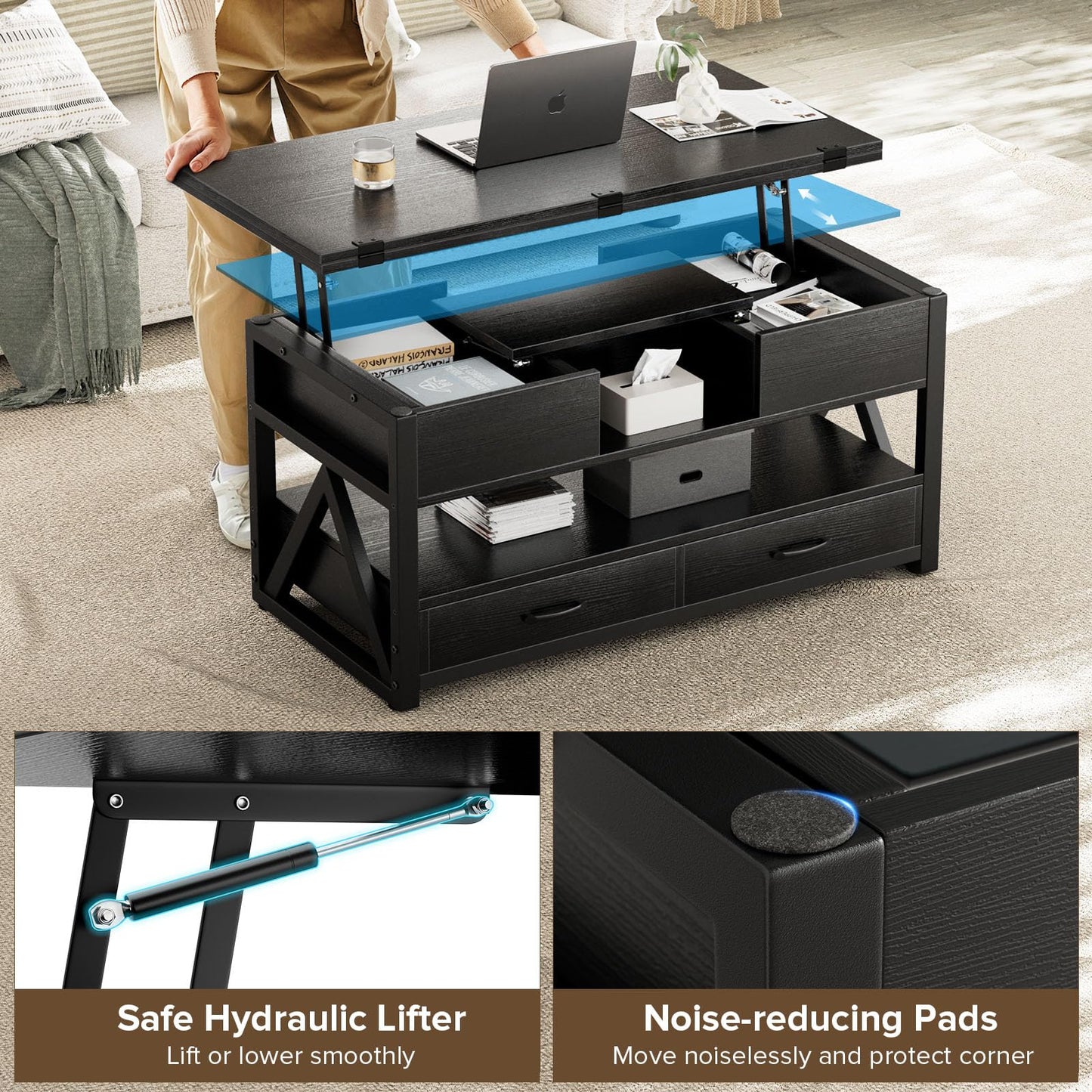 40" Lift Top Coffee Table,4 in 1 Multi-Function Lift Coffee Tables with Storage Drawers