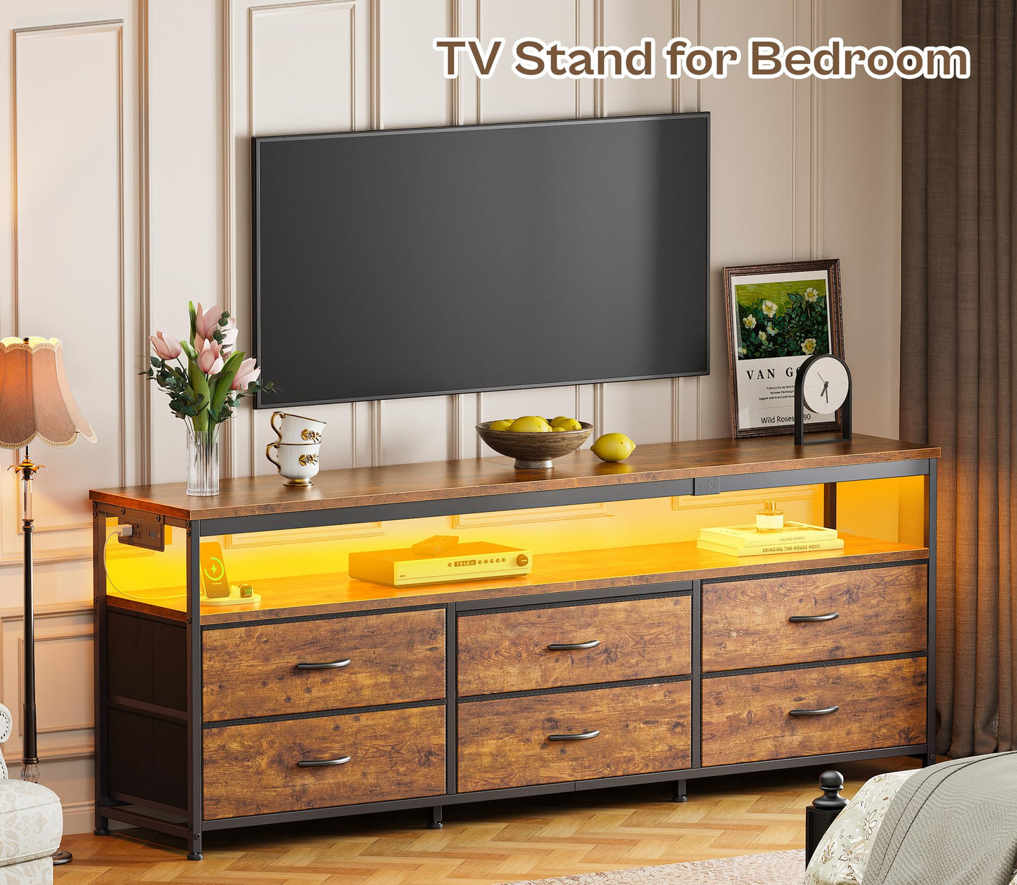 63" Black LED TV Stand with Power Outlets – Long Dresser Entertainment Center