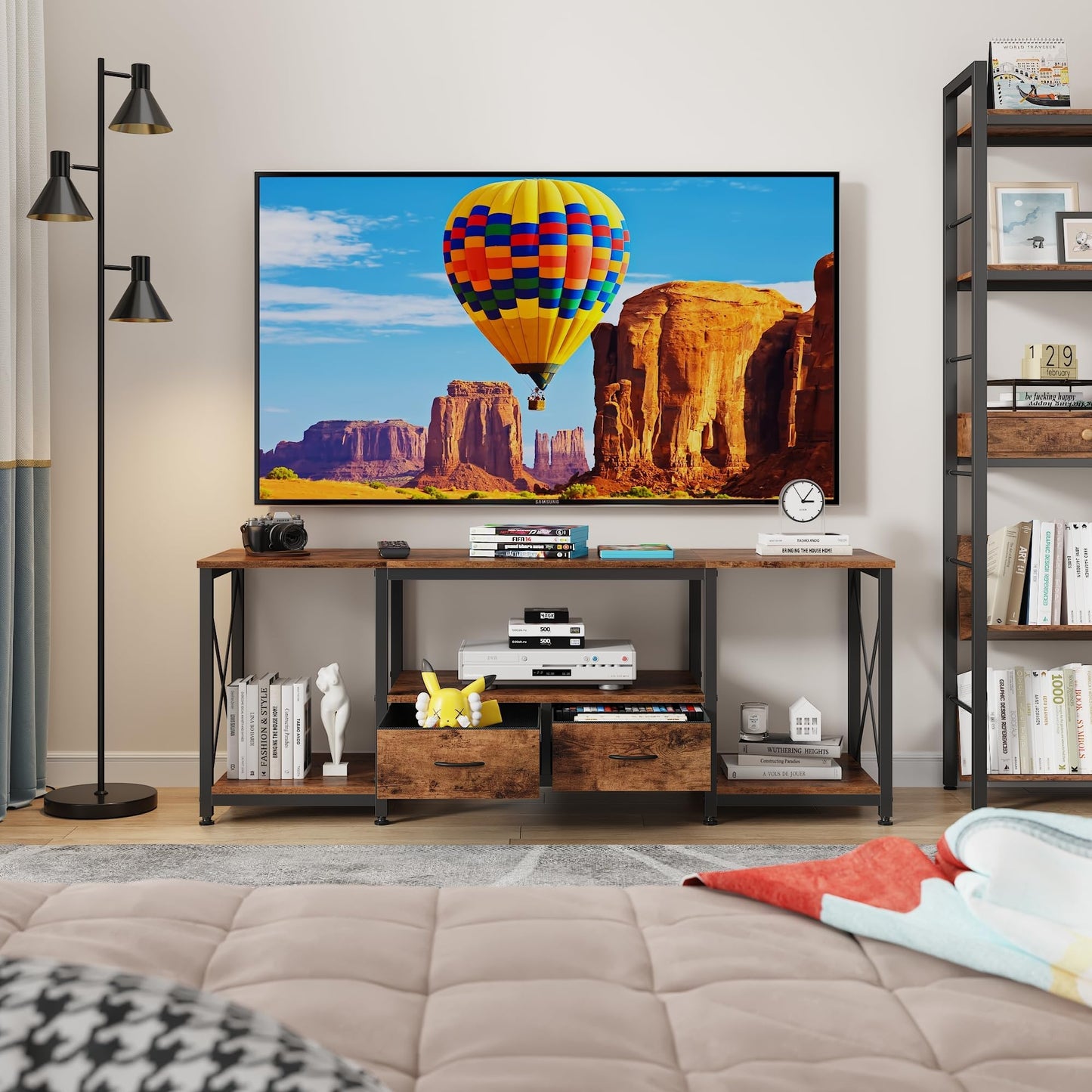 63" Rustic Brown TV Stand for 65–75 Inch TVs – Industrial Entertainment Center with Fabric Drawers