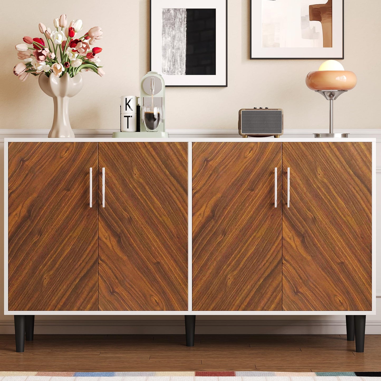 58" Coffee Bar Cabinet with Storage, Buffet Cabinet with 4 Large Doors, Storage Cabinet