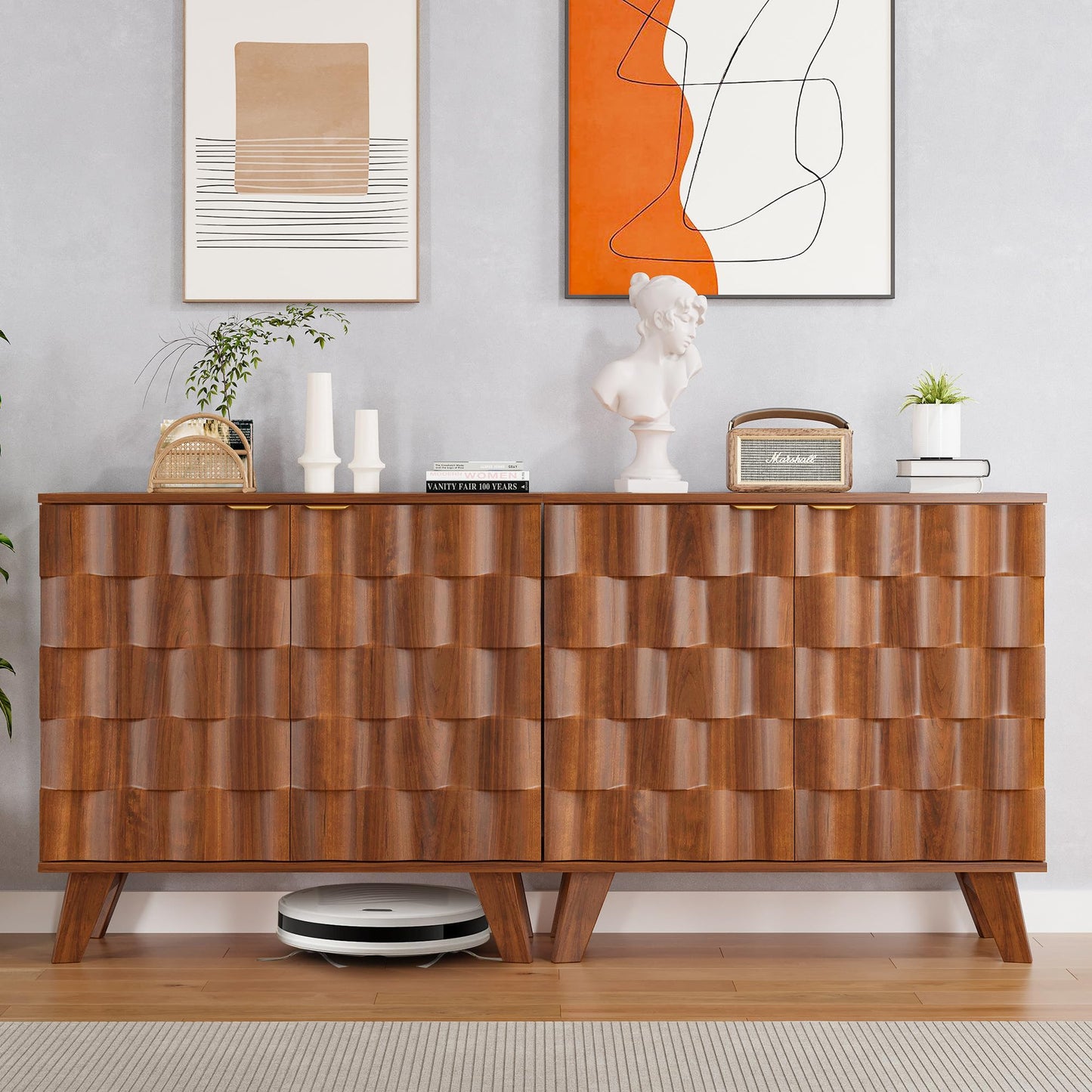 Buffet Cabinet, Fluted Sideboard Storage Cabinet with Adjustable Shelf and Door Handles,