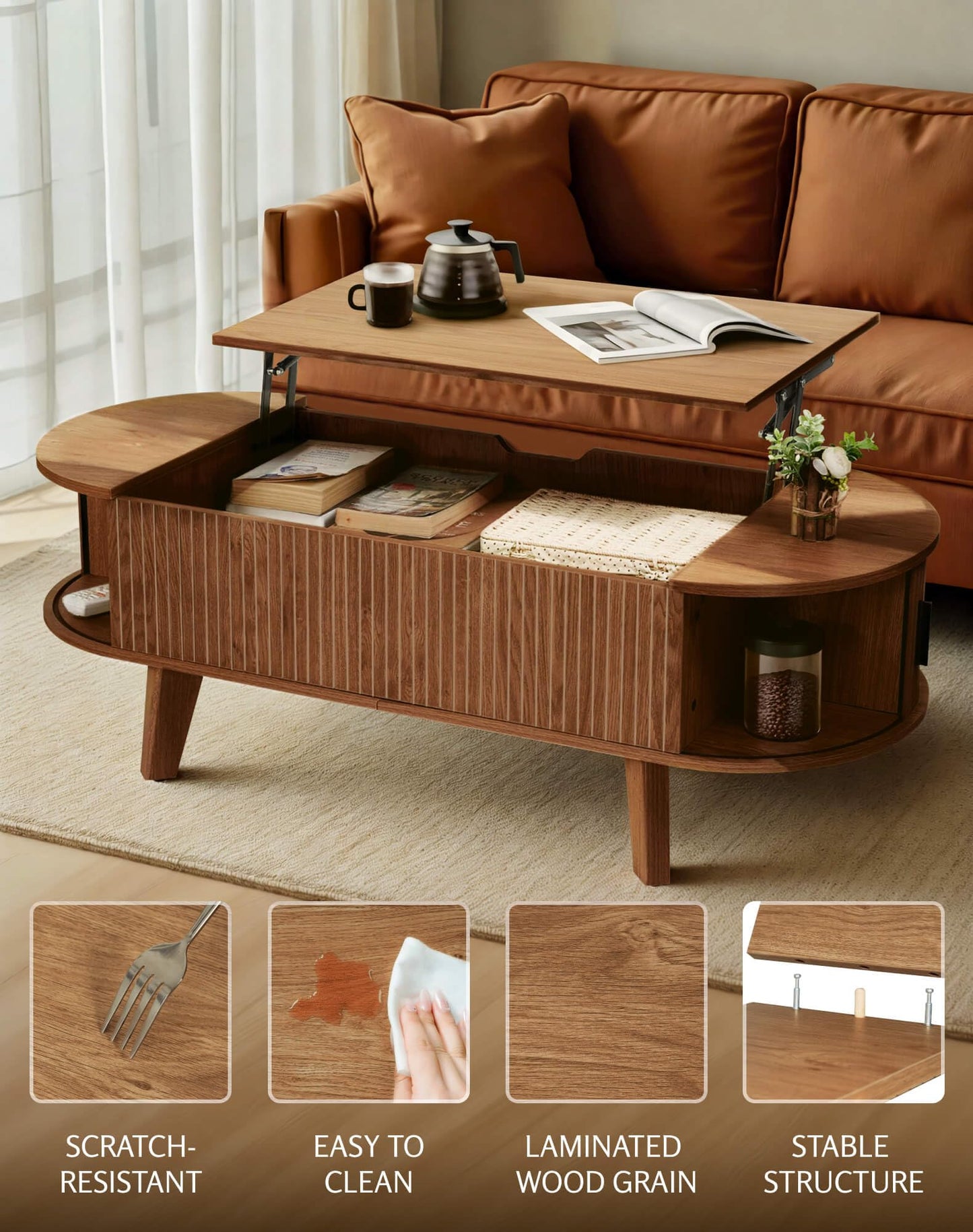 Oval Lift Top Coffee Table with Storage, 47.2" Mid Century Modern Living Room Center Table