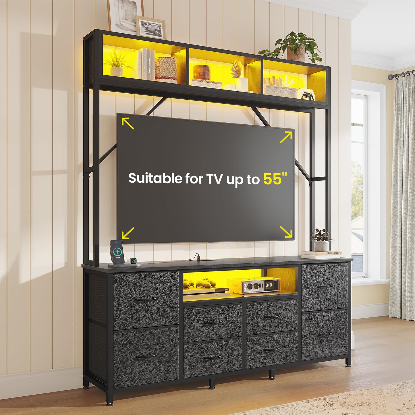 55" Rustic Brown TV Stand – LED Entertainment Center with Power Outlets, 6 PU Fabric Drawers