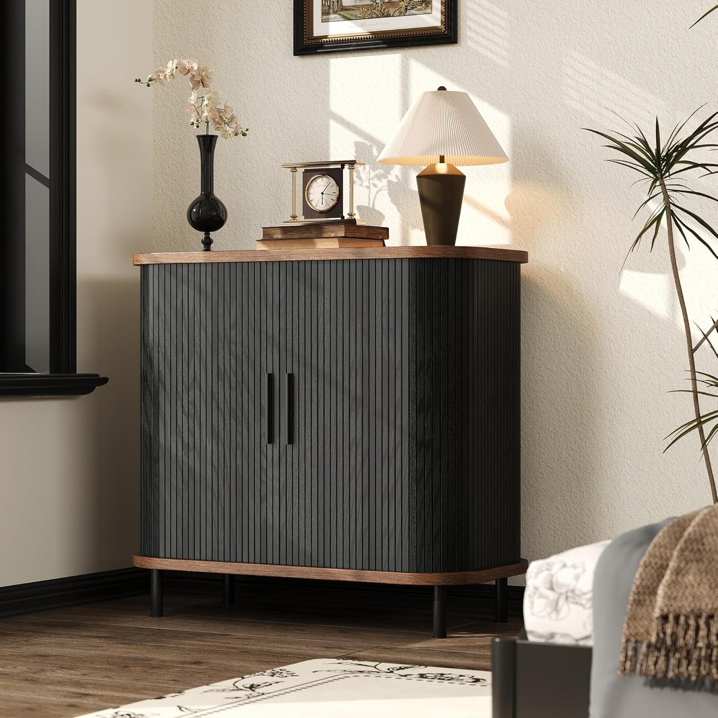 Fluted Sideboard Buffet Cabinet, 31''W Storage Cabinet with Sliding Door