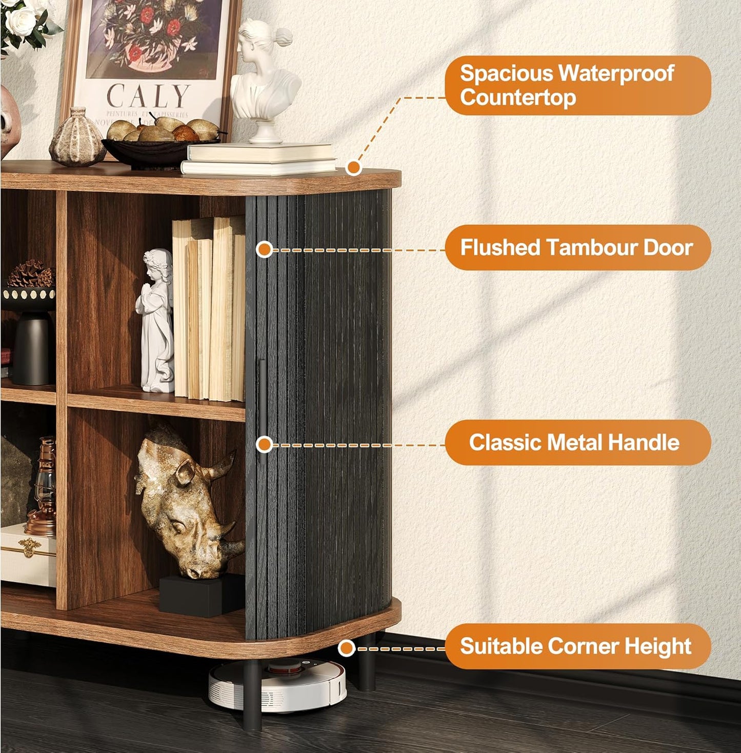 Fluted Sideboard Buffet Cabinet, 31''W Storage Cabinet with Sliding Door