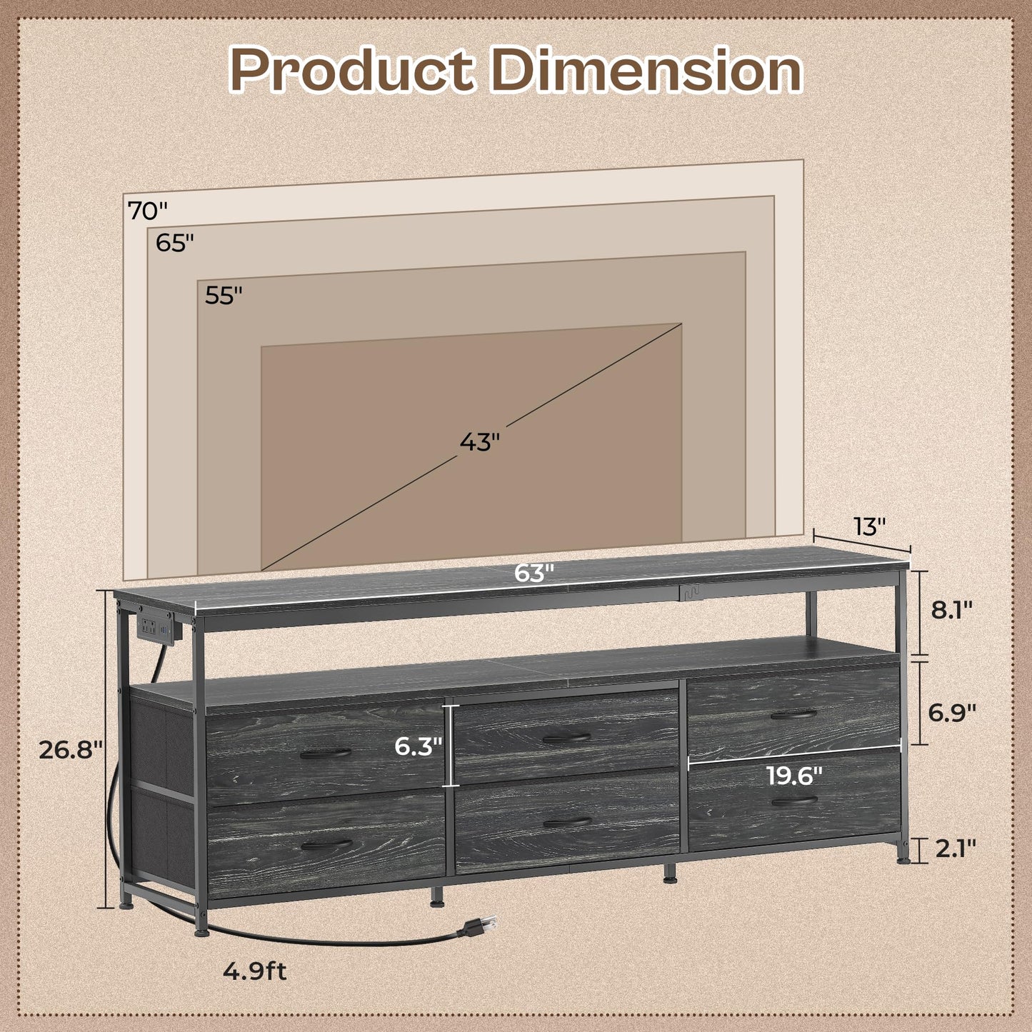 63" Black LED TV Stand with Power Outlets – Long Dresser Entertainment Center
