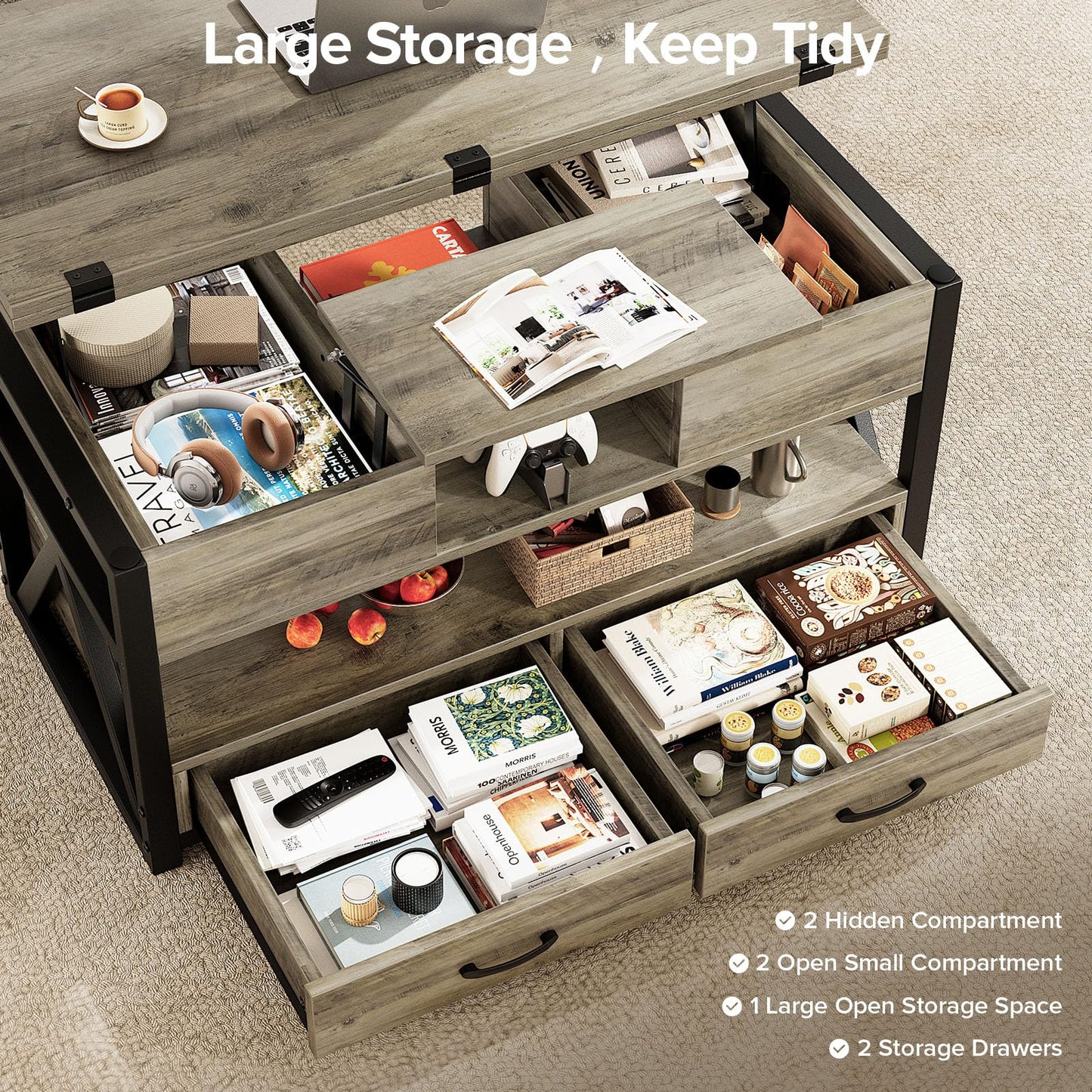 40" Lift Top Coffee Table,4 in 1 Multi-Function Lift Coffee Tables with Storage Drawers