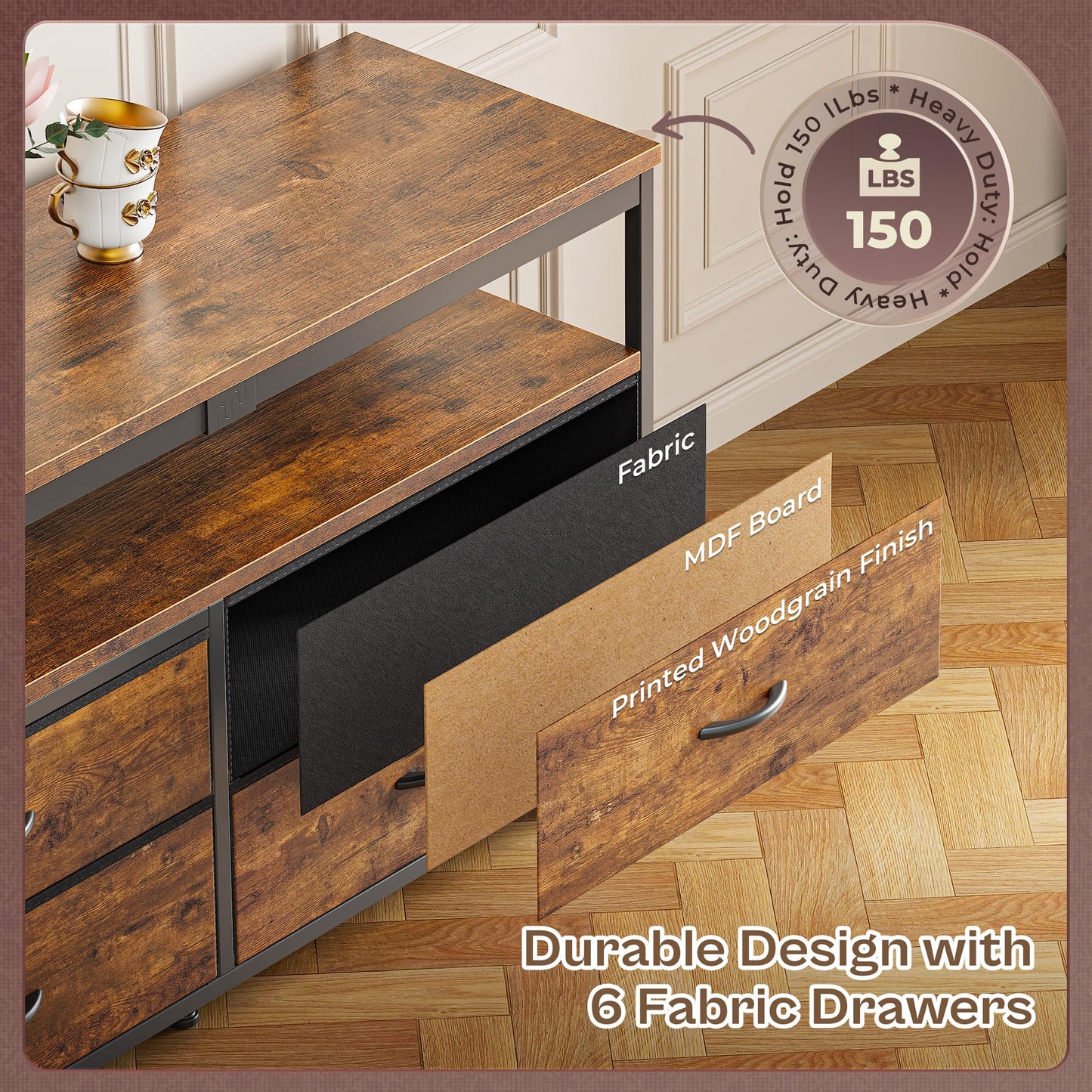 63" Black LED TV Stand with Power Outlets – Long Dresser Entertainment Center