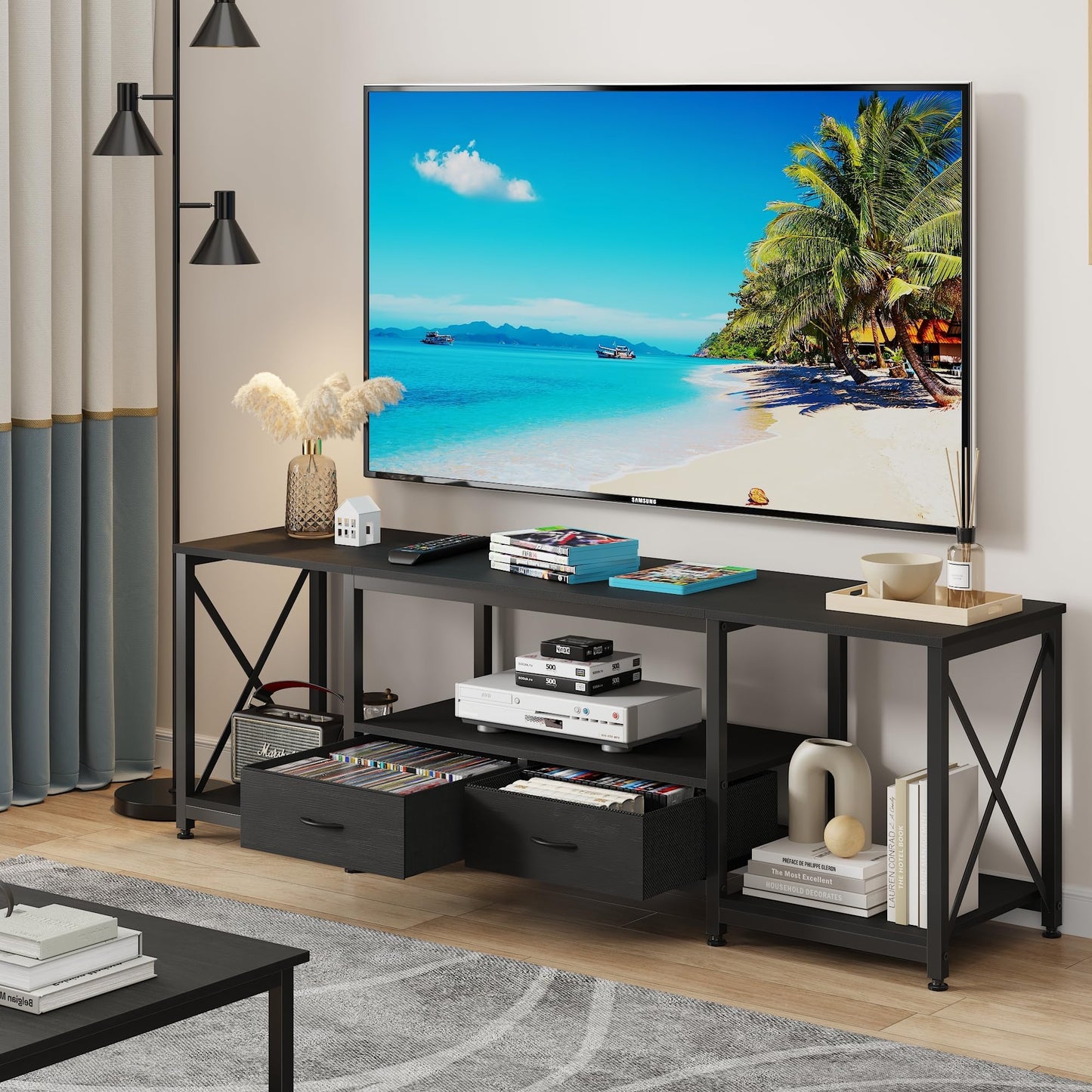 63" Rustic Brown TV Stand for 65–75 Inch TVs – Industrial Entertainment Center with Fabric Drawers