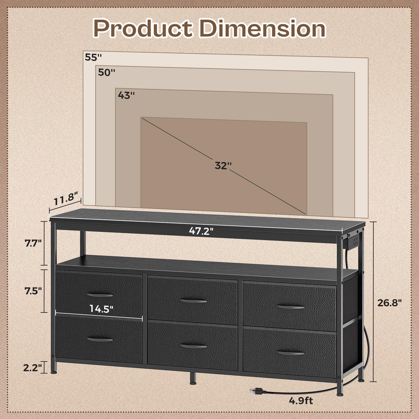 63" Black LED TV Stand with Power Outlets – Long Dresser Entertainment Center