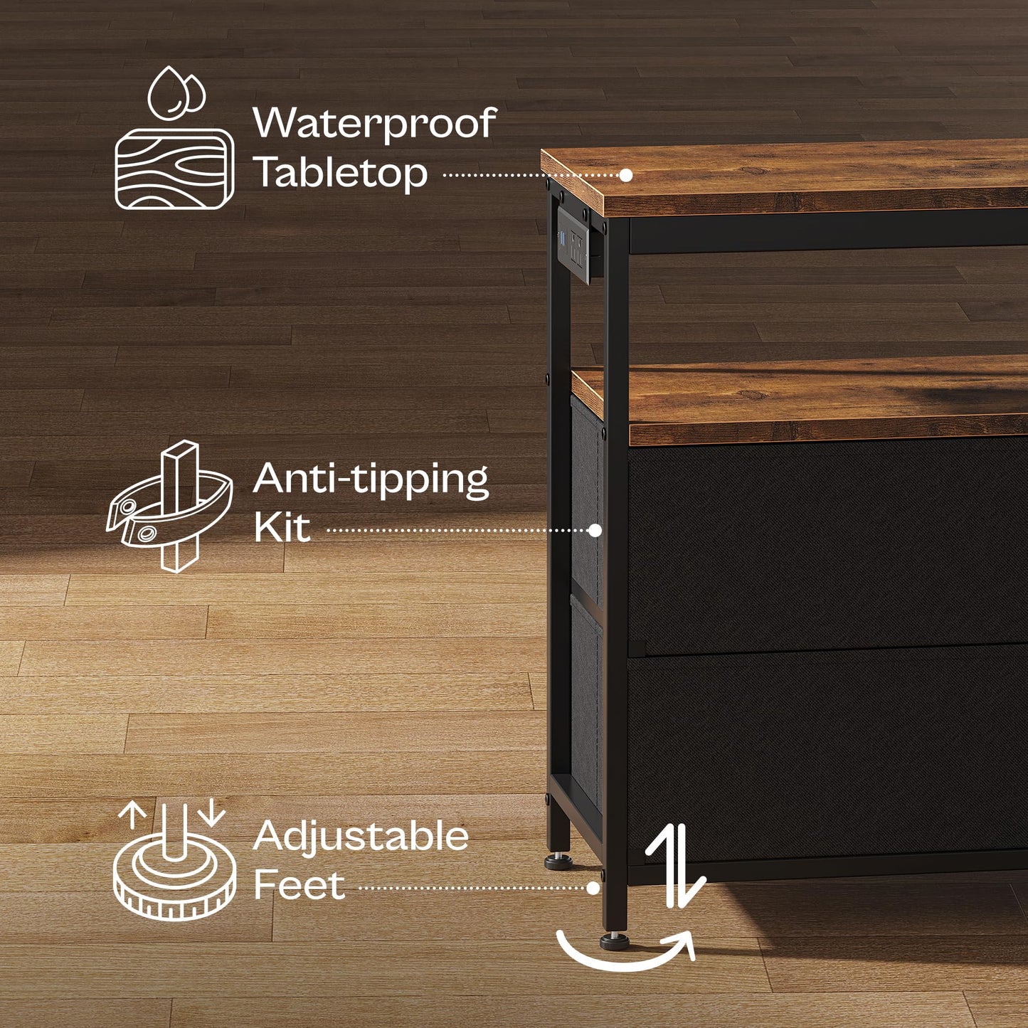63" Black LED TV Stand with Power Outlets – Long Dresser Entertainment Center
