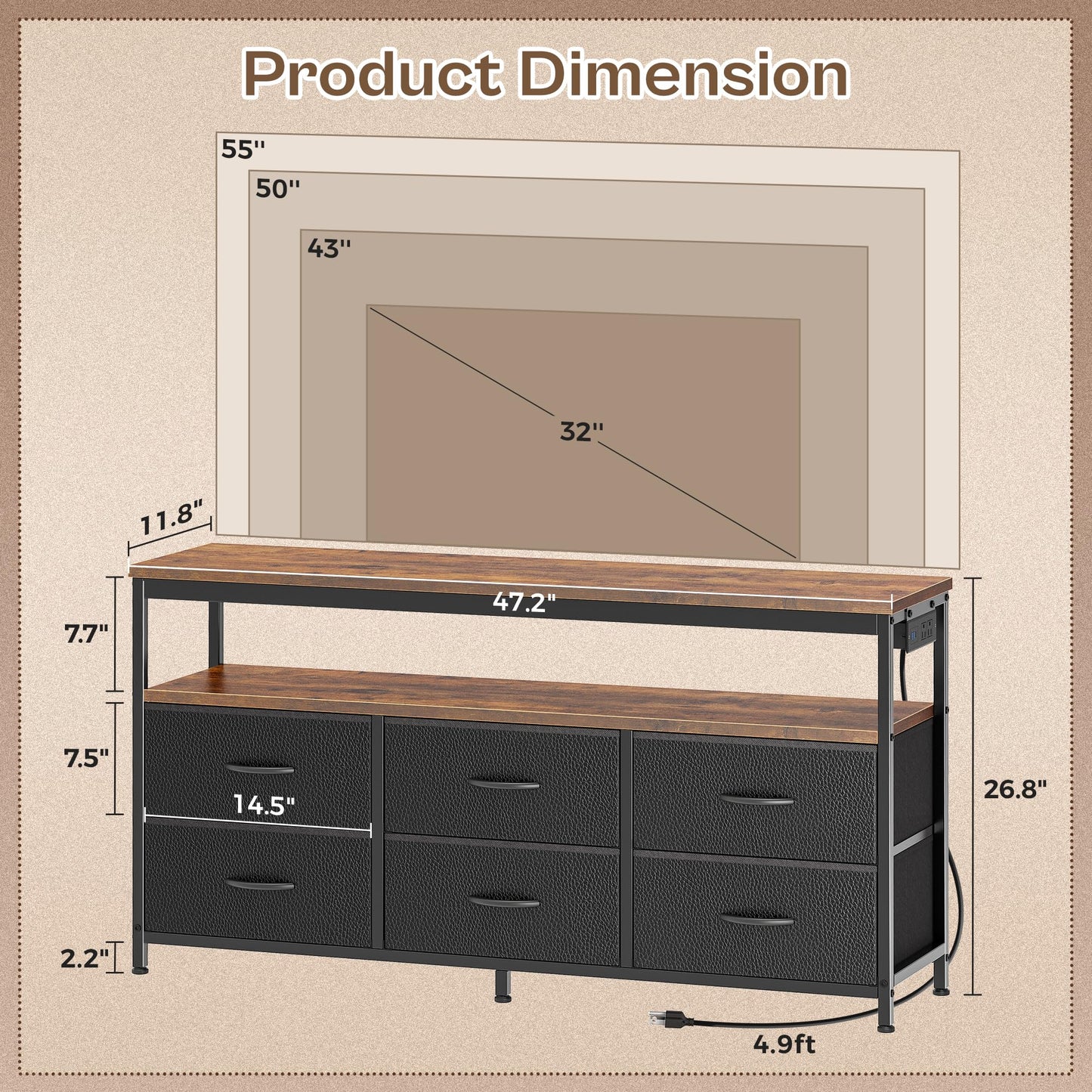 63" Black LED TV Stand with Power Outlets – Long Dresser Entertainment Center