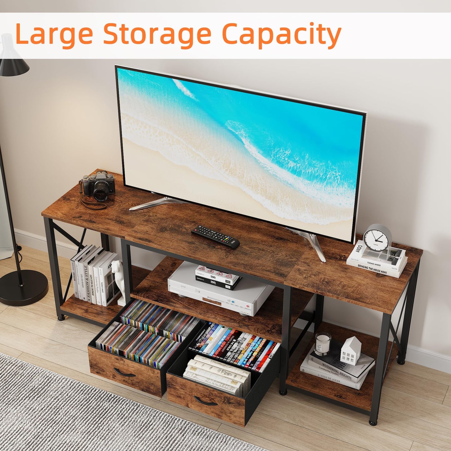 63" Rustic Brown TV Stand for 65–75 Inch TVs – Industrial Entertainment Center with Fabric Drawers