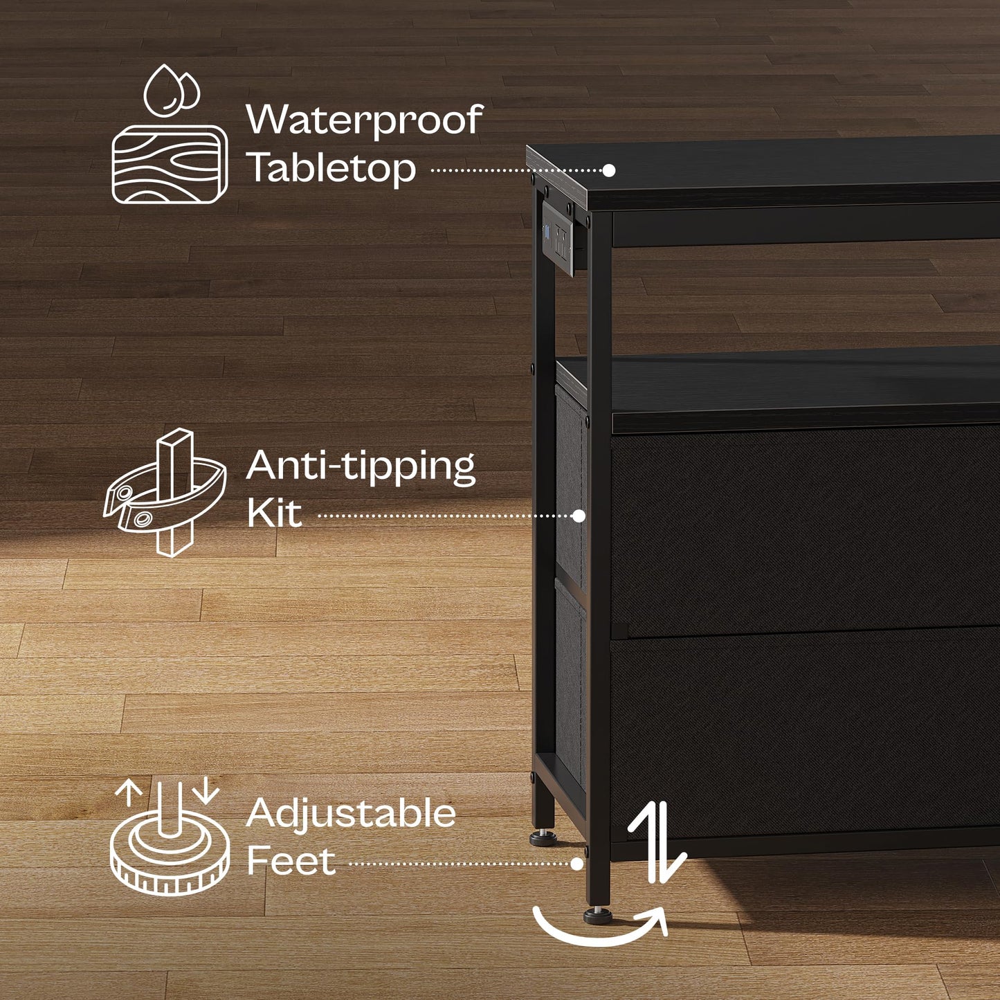 63" Black LED TV Stand with Power Outlets – Long Dresser Entertainment Center