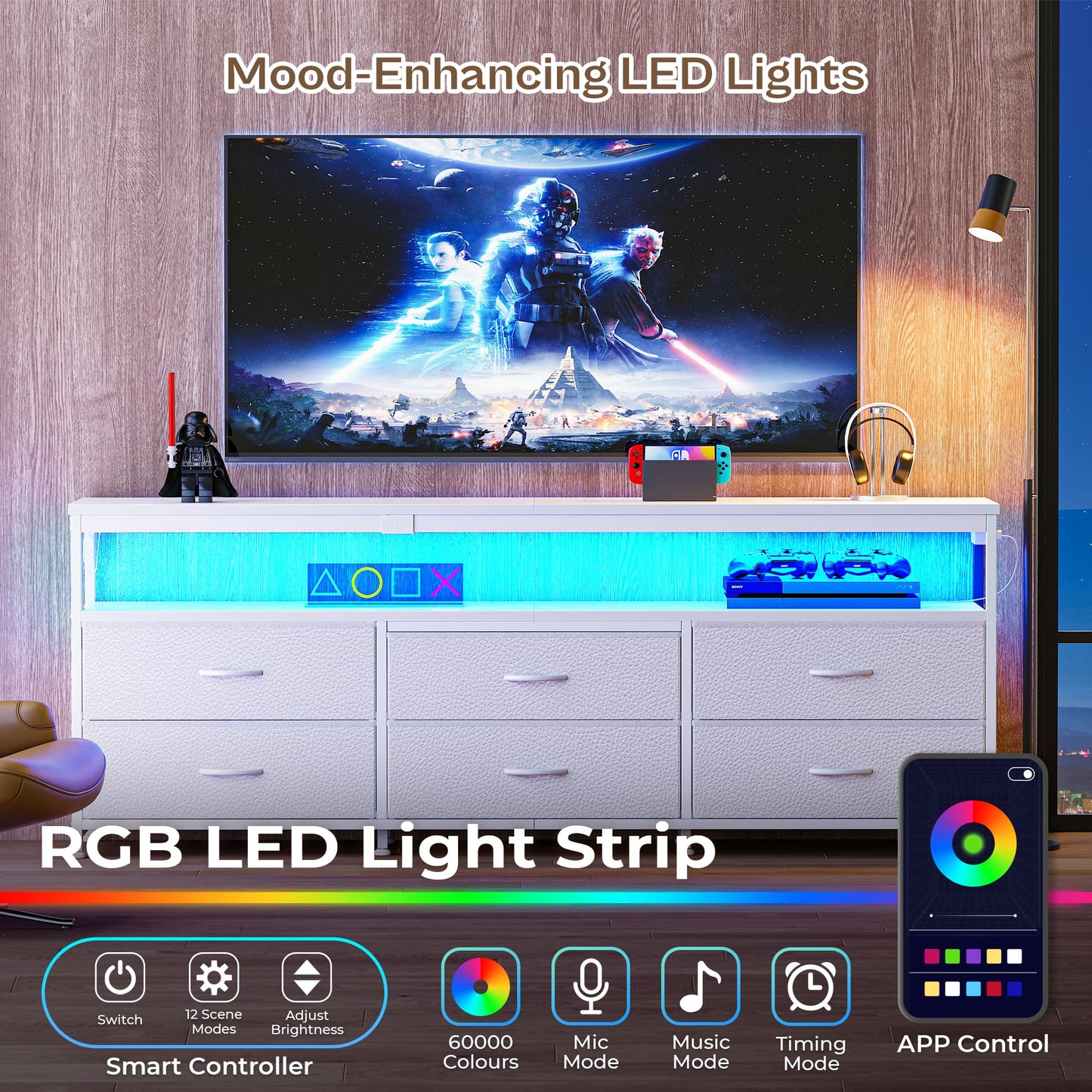63" Black LED TV Stand with Power Outlets – Long Dresser Entertainment Center