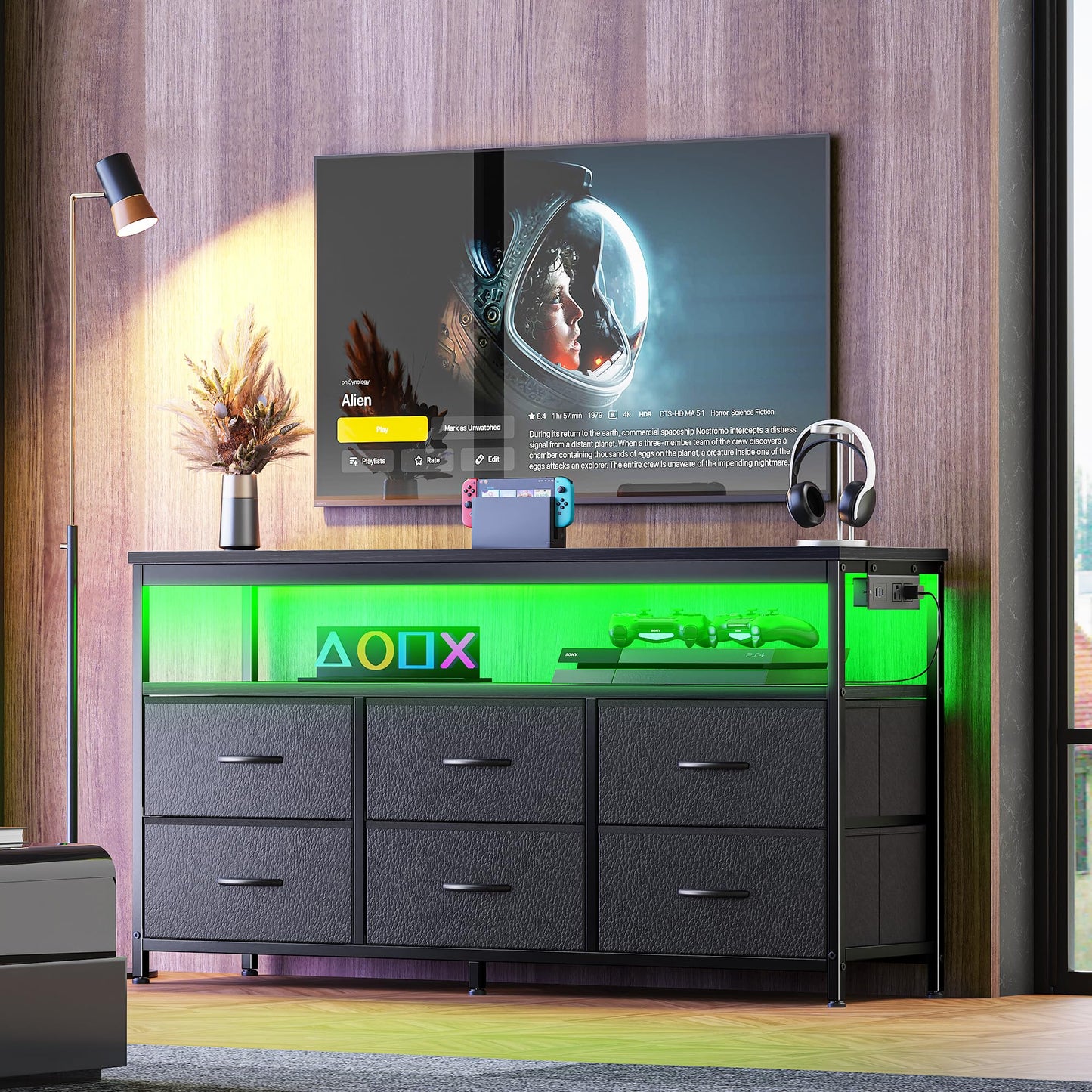 63" Black LED TV Stand with Power Outlets – Long Dresser Entertainment Center