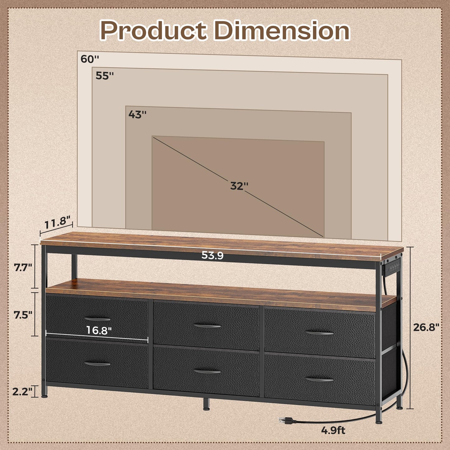63" Black LED TV Stand with Power Outlets – Long Dresser Entertainment Center