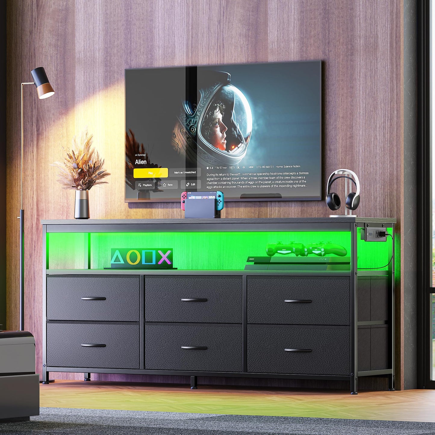 63" Black LED TV Stand with Power Outlets – Long Dresser Entertainment Center