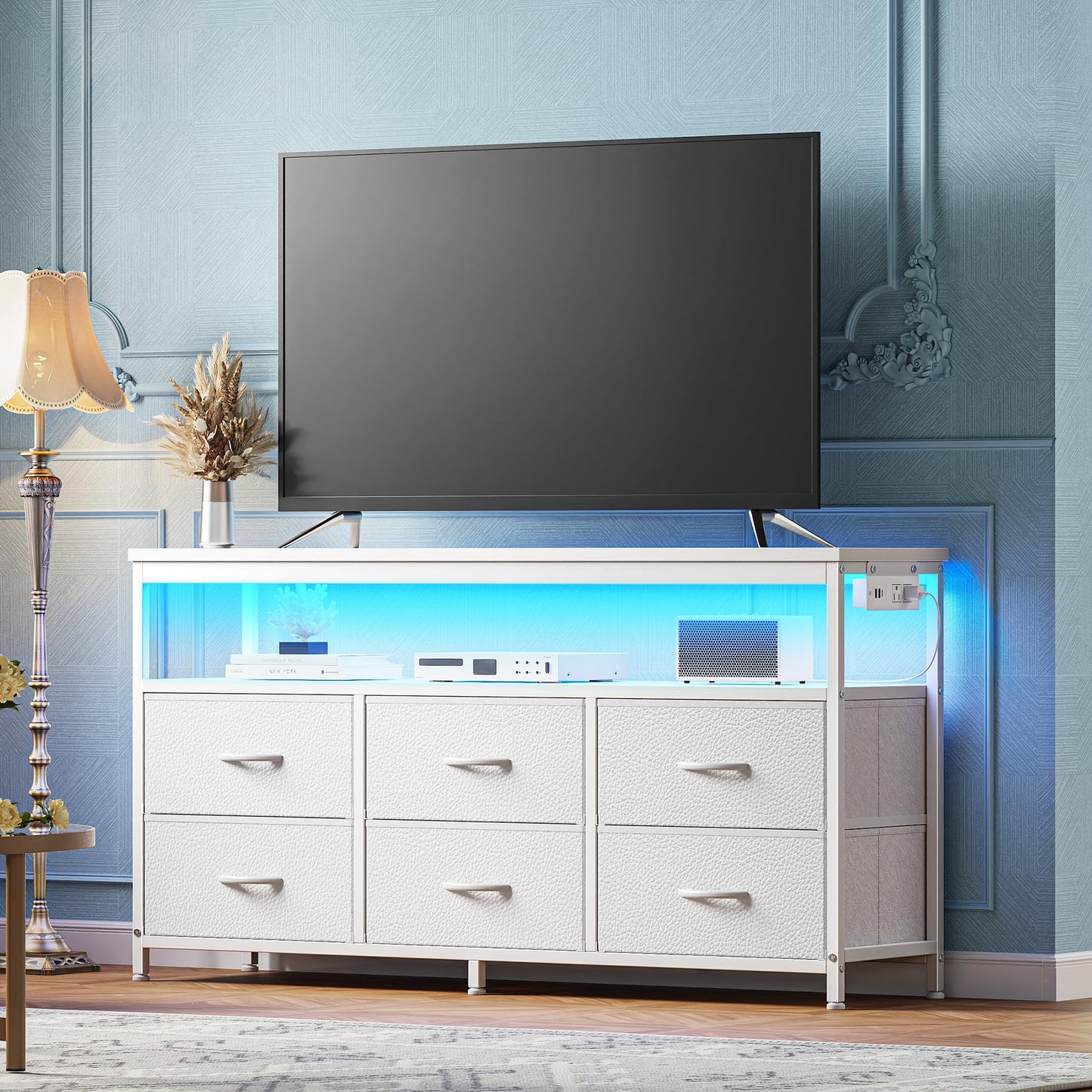 63" Black LED TV Stand with Power Outlets – Long Dresser Entertainment Center