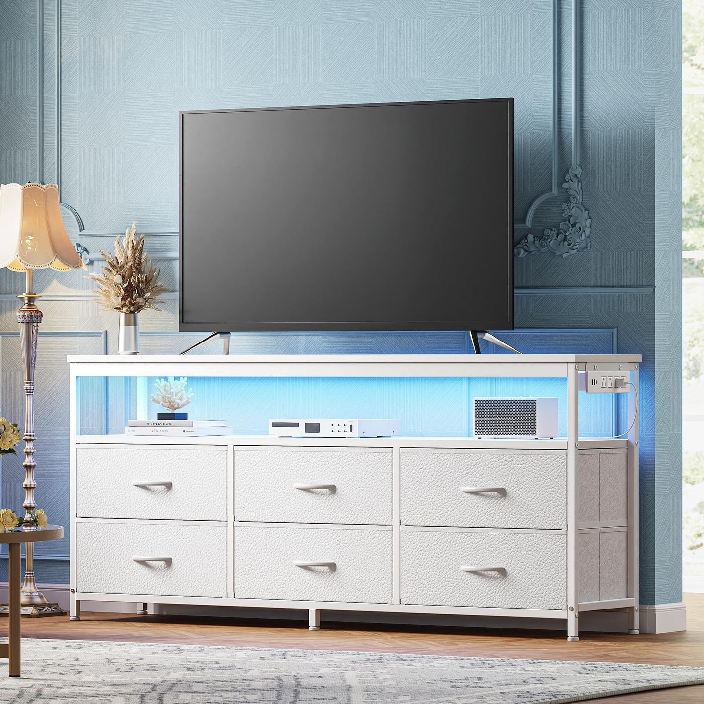 63" Black LED TV Stand with Power Outlets – Long Dresser Entertainment Center