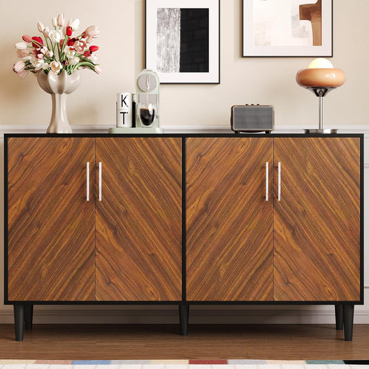 58" Coffee Bar Cabinet with Storage, Buffet Cabinet with 4 Large Doors, Storage Cabine