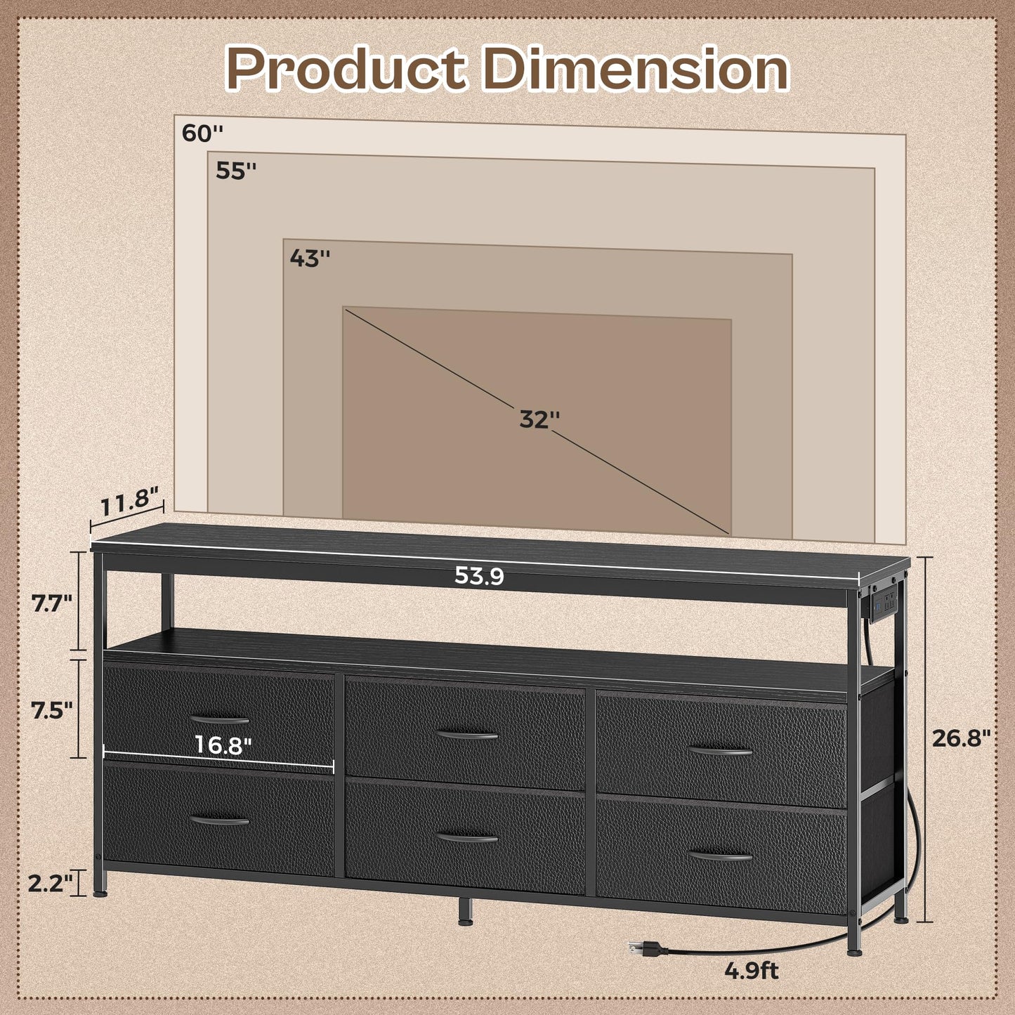 63" Black LED TV Stand with Power Outlets – Long Dresser Entertainment Center