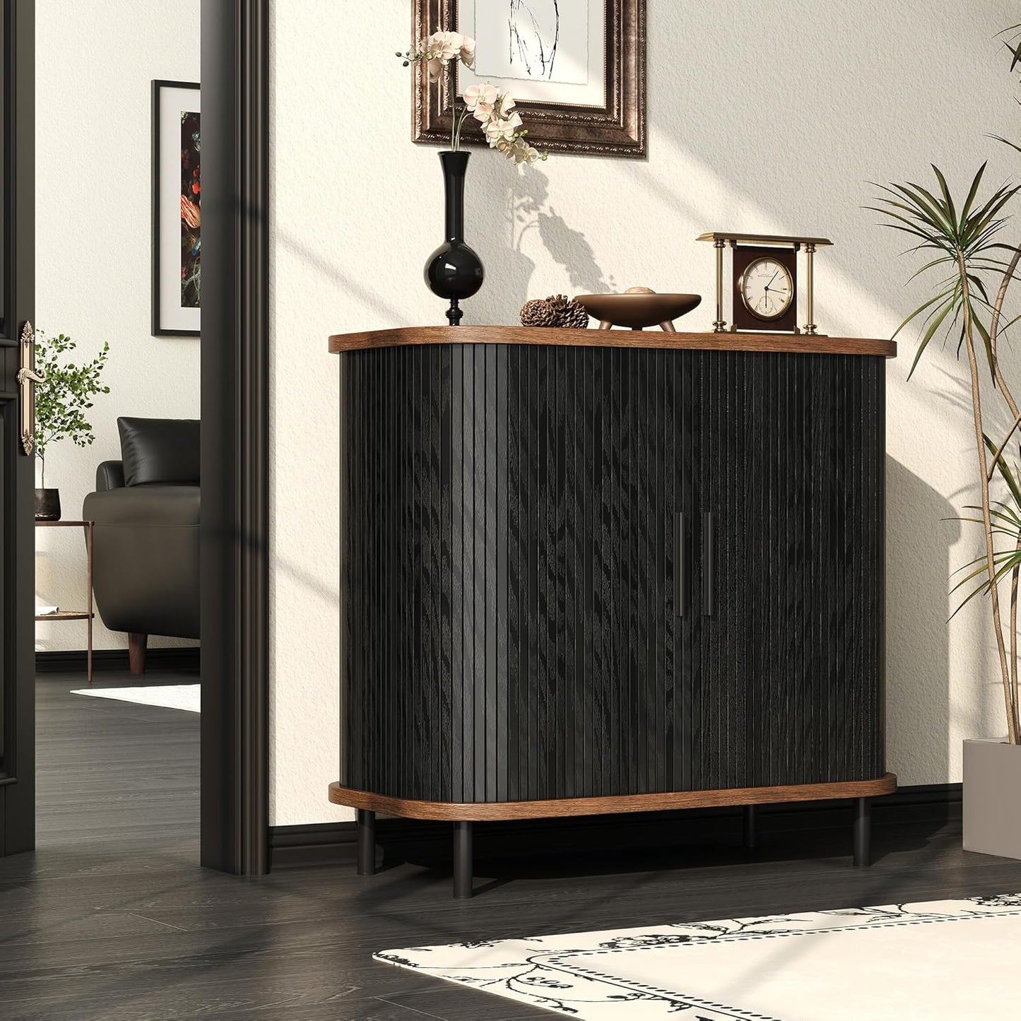 Fluted Sideboard Buffet Cabinet, 31''W Storage Cabinet with Sliding Door