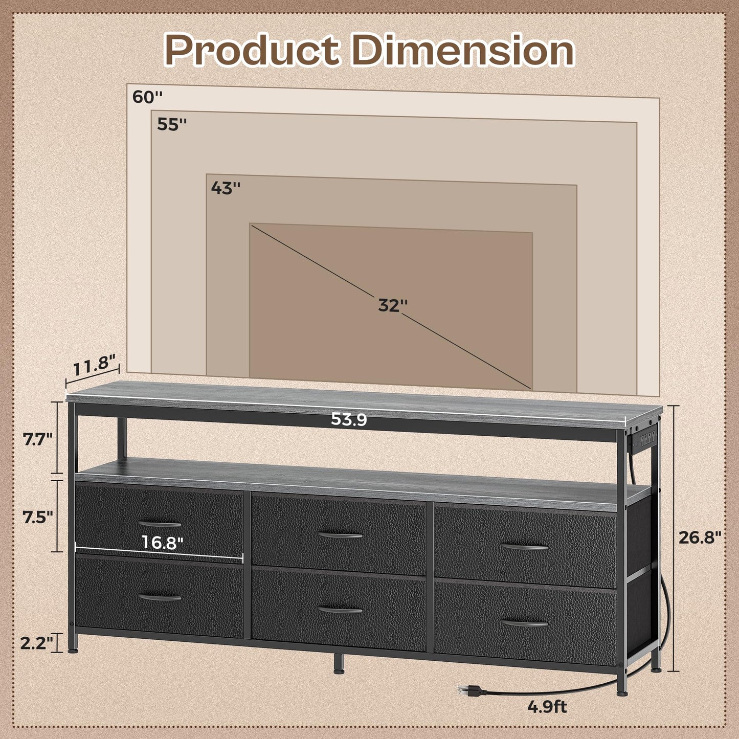 63" Black LED TV Stand with Power Outlets – Long Dresser Entertainment Center