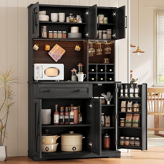 71" Pantry Cabinet, Kitchen Pantry Storage Cabinet with Outlet & LED Light, Farmhouse Kitchen