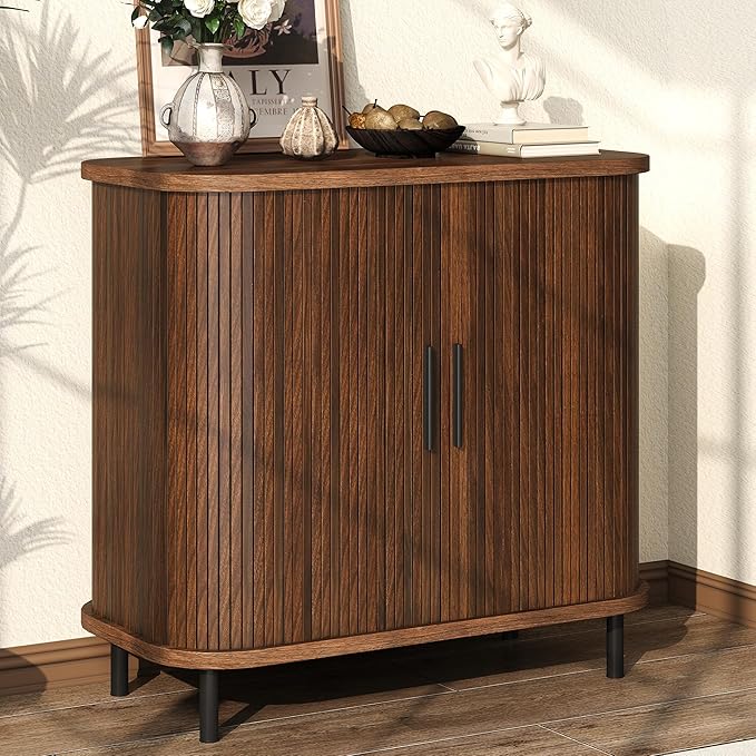 Fluted Sideboard Buffet Cabinet, 31''W Storage Cabinet with Sliding Door