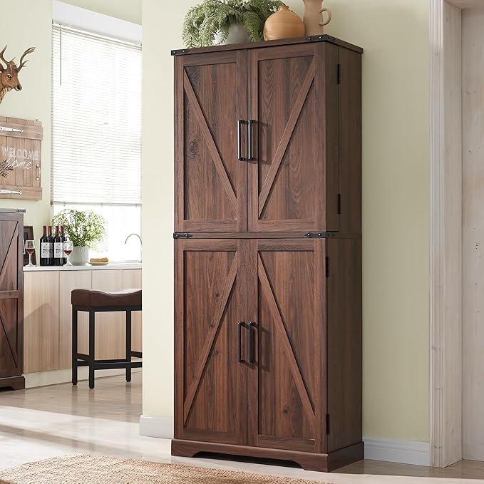 72" Tall Kitchen Pantry, Farmhouse Storage Cabinet with Barn Doors, Organizer, Drawer