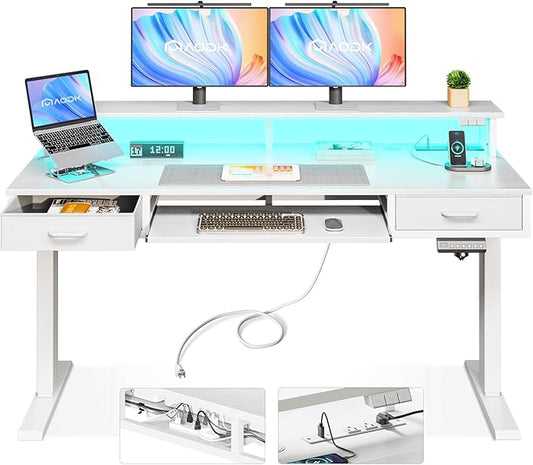 Electric Standing Desk with Drawers & Keyboard Tray, 55 Inch Height Adjustable