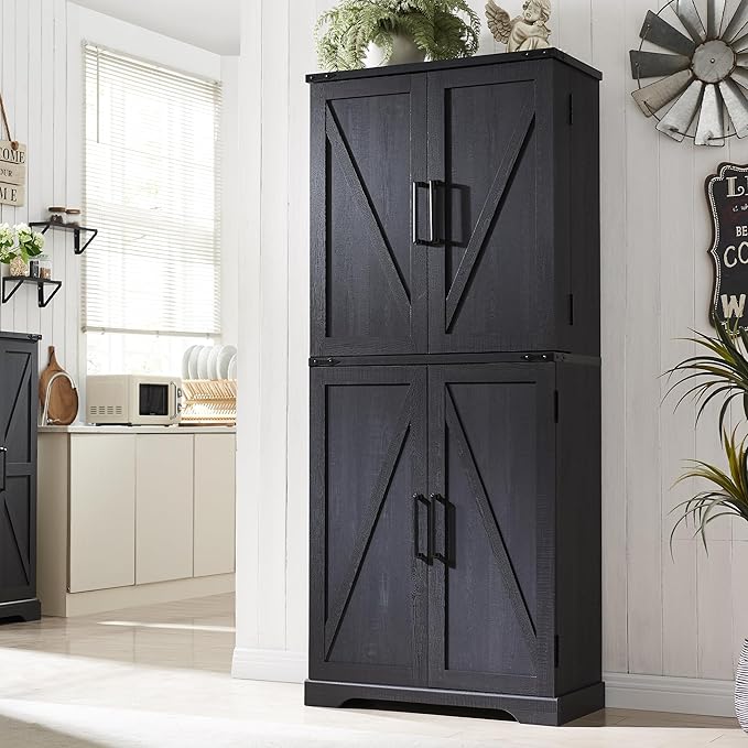72" Tall Kitchen Pantry, Farmhouse Storage Cabinet with Barn Doors, Organizer, Drawer