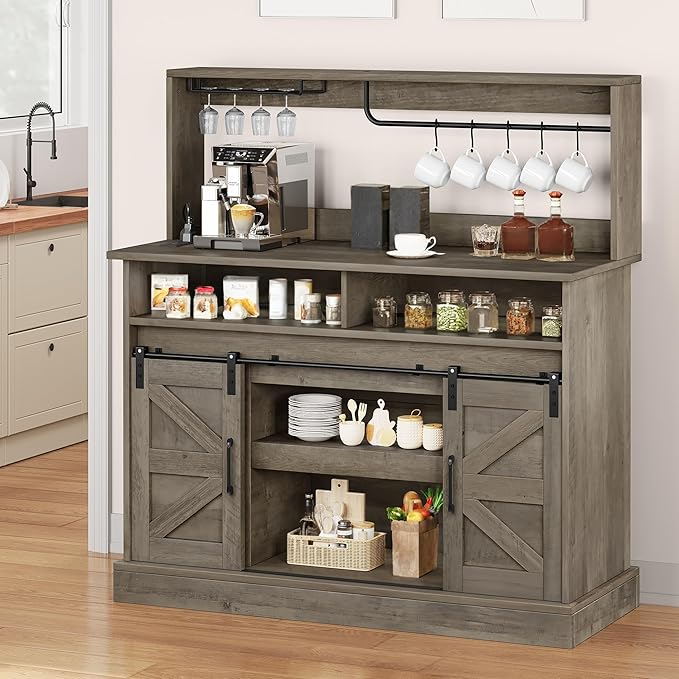 47" Coffee Bar with Goblet Holder & Power Outlet, Buffet Cabinets with Storage,