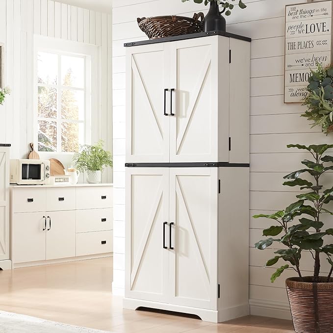 72" Tall Kitchen Pantry, Farmhouse Storage Cabinet with Barn Doors, Organizer, Drawer