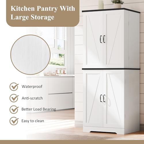 Kitchen Pantry Storage Cabinet with Barn Doors, Drawer and Adjustable Shelves,