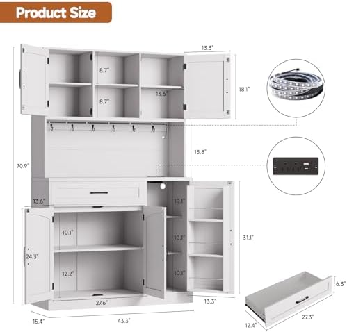 71" Pantry Cabinet, Kitchen Pantry Storage Cabinet with LED Light & Outlet, Kitchen Hutch
