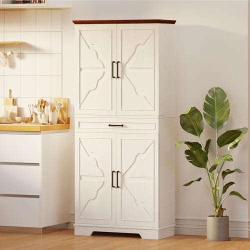 Farmhouse Kitchen Pantry Cabinet, 72" Height Tall Freestanding Cupboard with Sliding Storage Rack