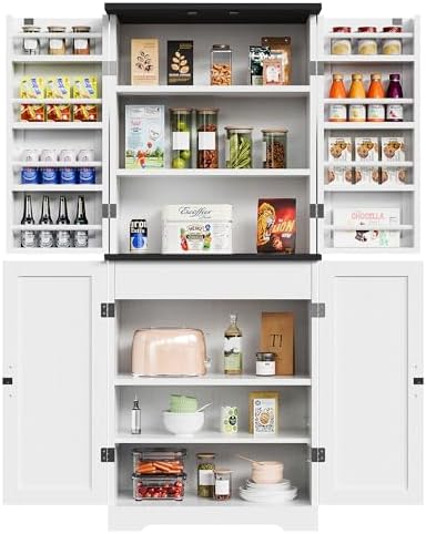Kitchen Pantry Storage Cabinet with Barn Doors, Drawer and Adjustable Shelves,