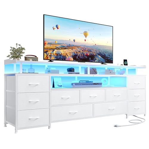 63" White TV Stand for 65 Inch TV – LED Entertainment Center with Charging Station,