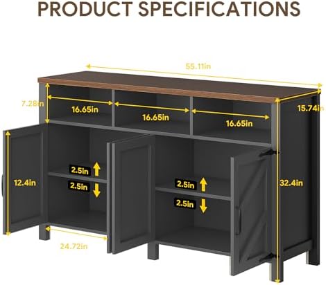 Buffet Sideboard with Storage Farmhouse with 4 Doors, 55'' Large Kitchen Storage