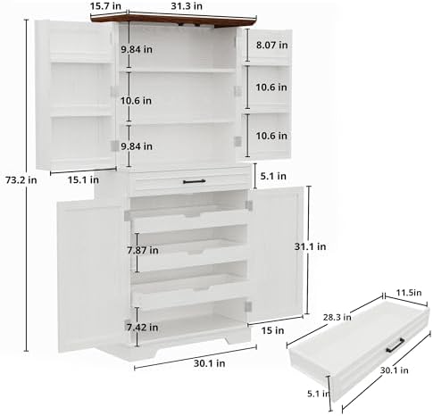 Farmhouse Kitchen Pantry Cabinet, 72" Height Tall Freestanding Cupboard with Sliding Storage Rack