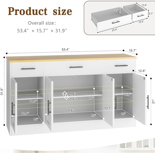 Buffet Cabinet with Drawers, 53” Large Sideboard Buffet Kitchen Storage Cabinet,