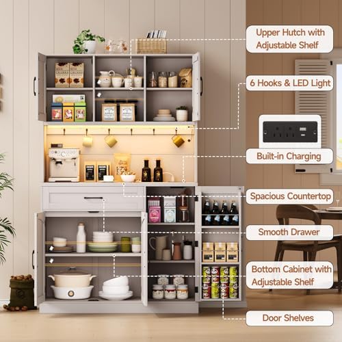 71" Pantry Cabinet, Kitchen Pantry Storage Cabinet with LED Light & Outlet, Kitchen Hutch